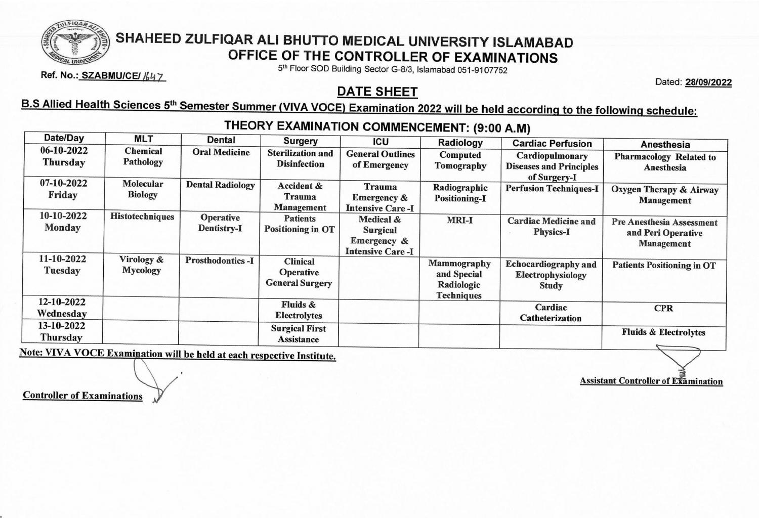 Date sheet - B.S Allied Health Sciences (AHS) 5th Semester Summer (VIVA VOCE) Examinations 2022