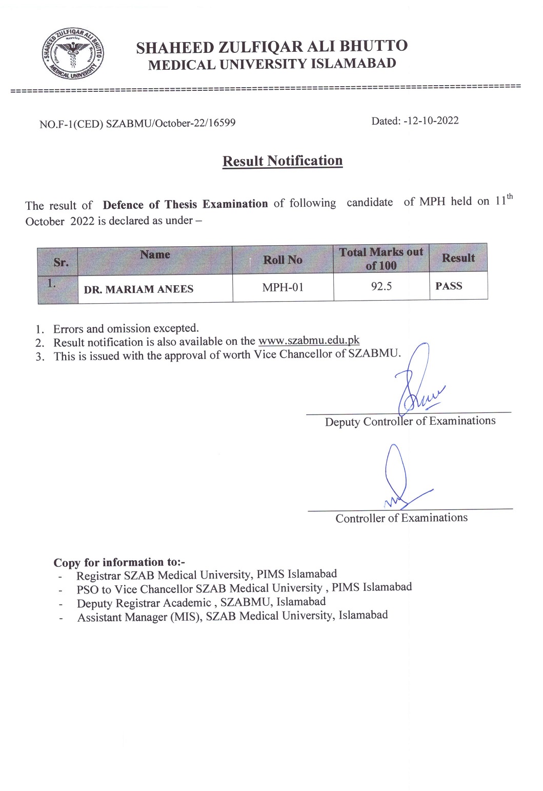 Result Notification of Defence of Thesis exam of MPH Held on 11th October 2022