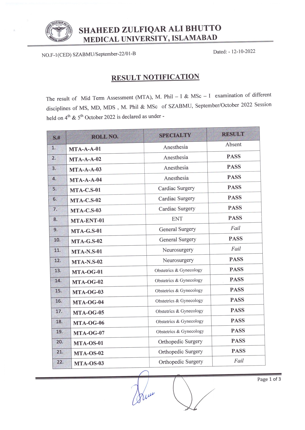 Result Notification - MTA Exam of MS,MD,MDS,M.Phil and MSc theory