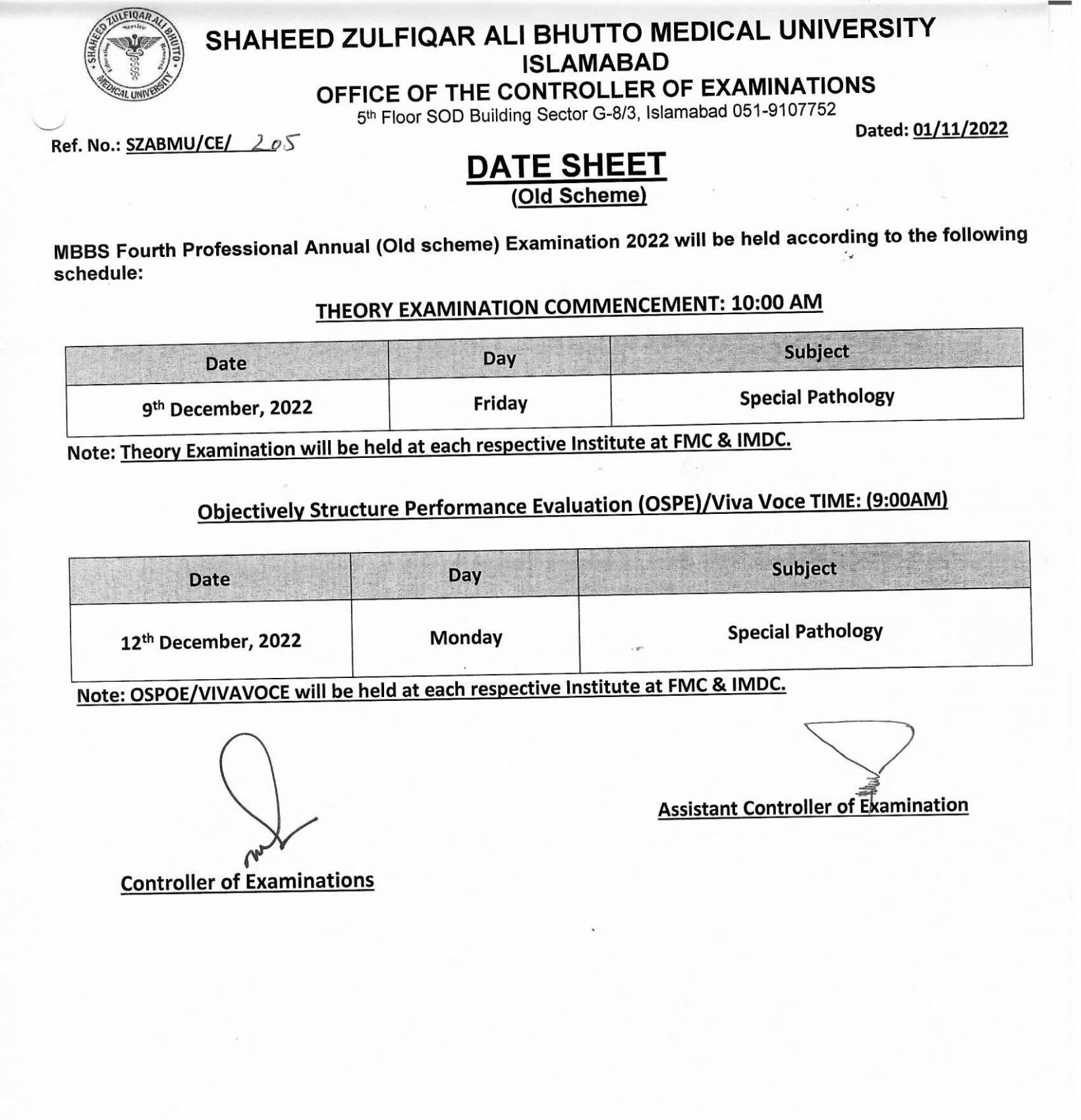Date Sheet - MBBS 4th Professional Annual (old Scheme) Examination 2022