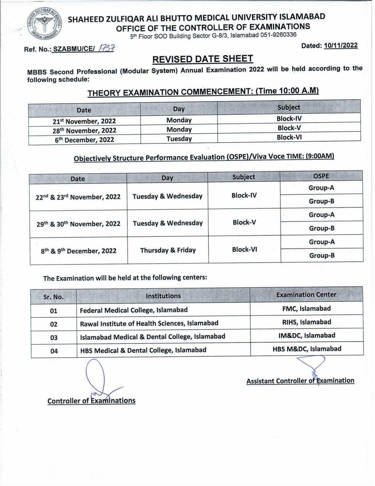 Revised Date Sheet - MBBS Second Professional (Modular System) Annual Examination 2022