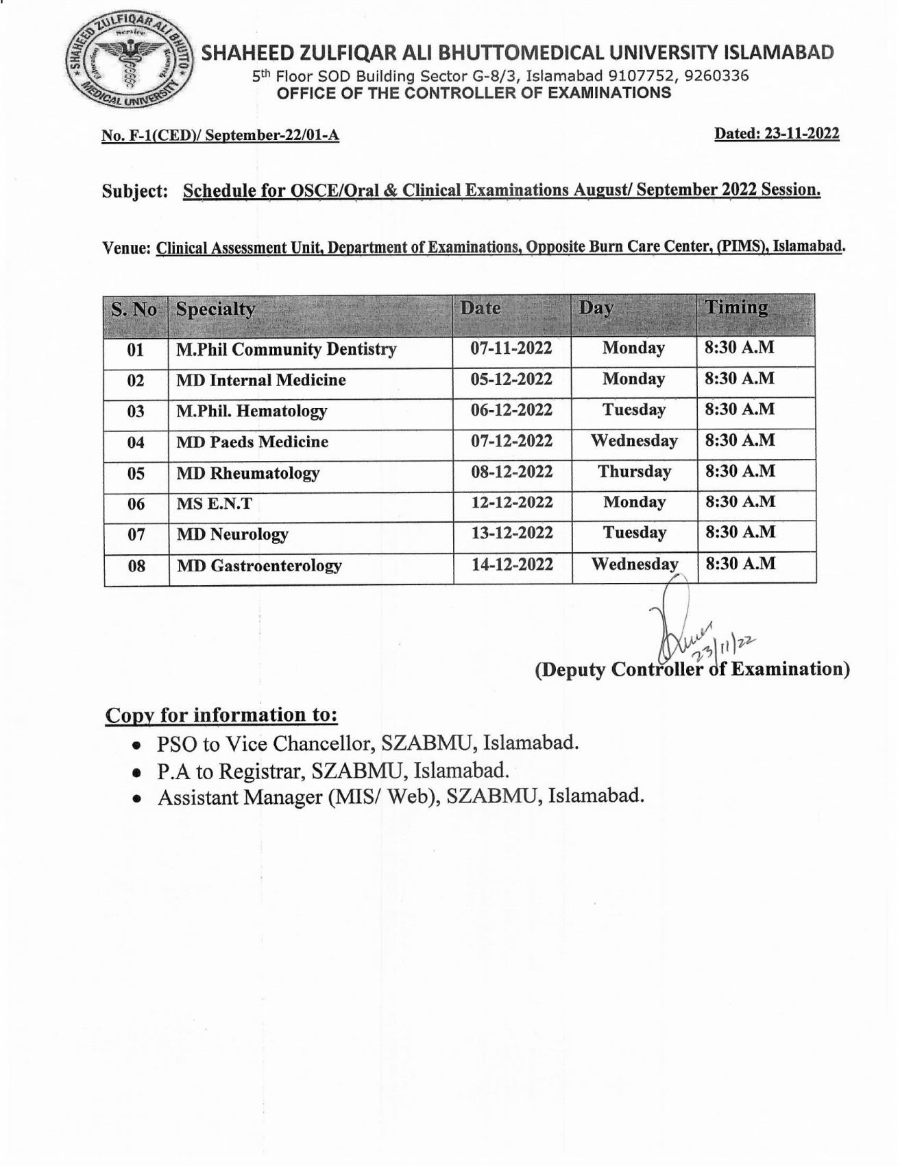 Schedule for OSCE/Oral & Clinical Examinations August/September 2022 Session