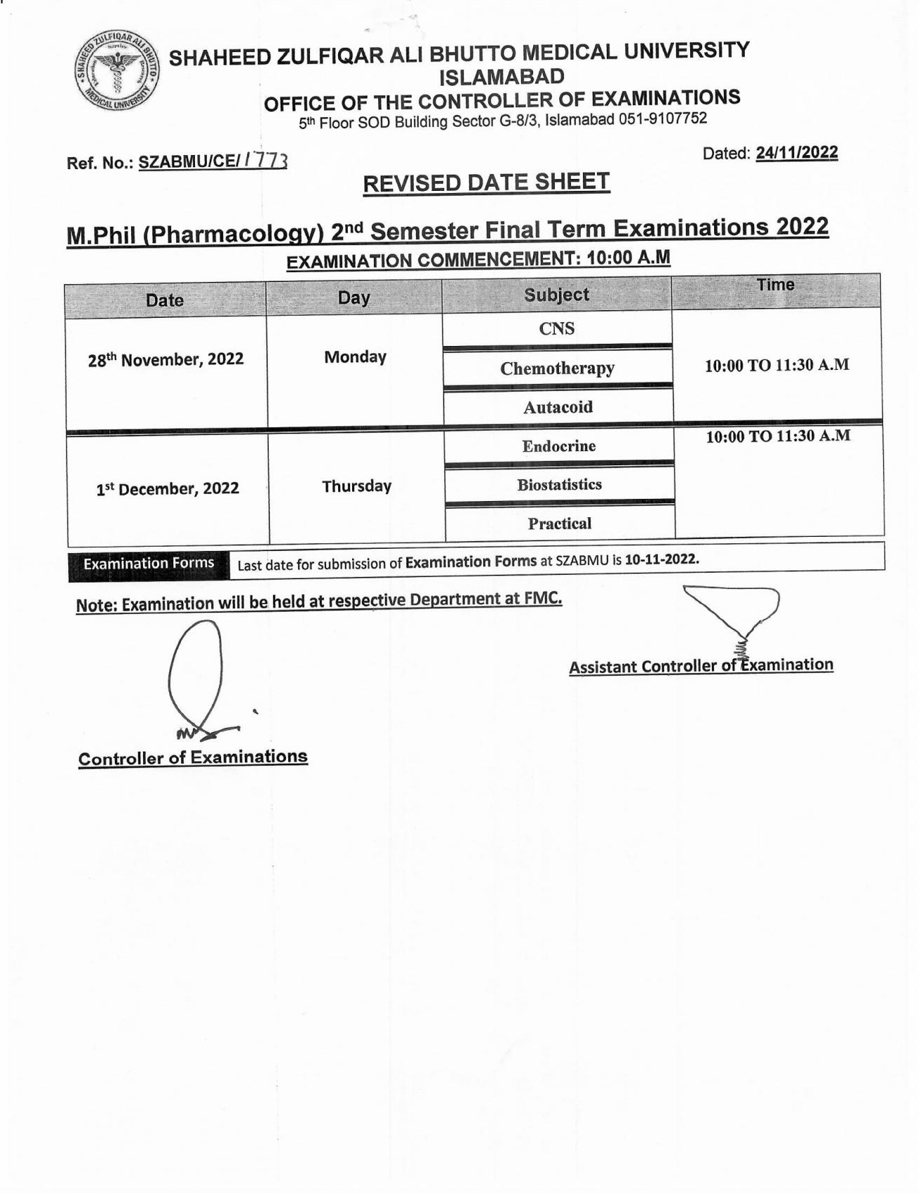 Revised Date Sheet - M.Phil (Pharmacology) 2nd Semester Final Term Examinations 2022