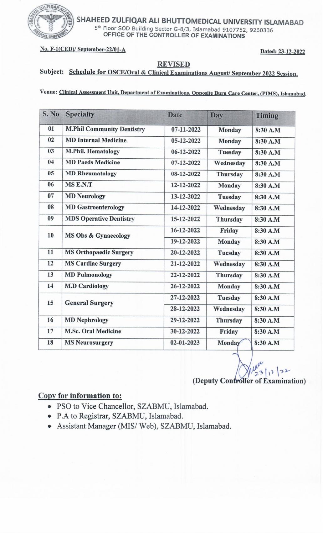 Revised - Schedule for OSCE/Oral & Clinical Examinations August/September 2022 Session