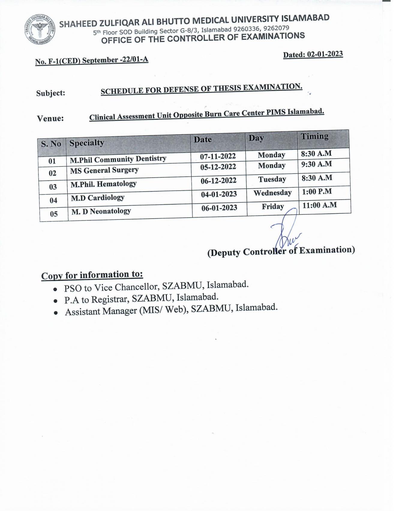 Schedule for Defense of Thesis Examinations