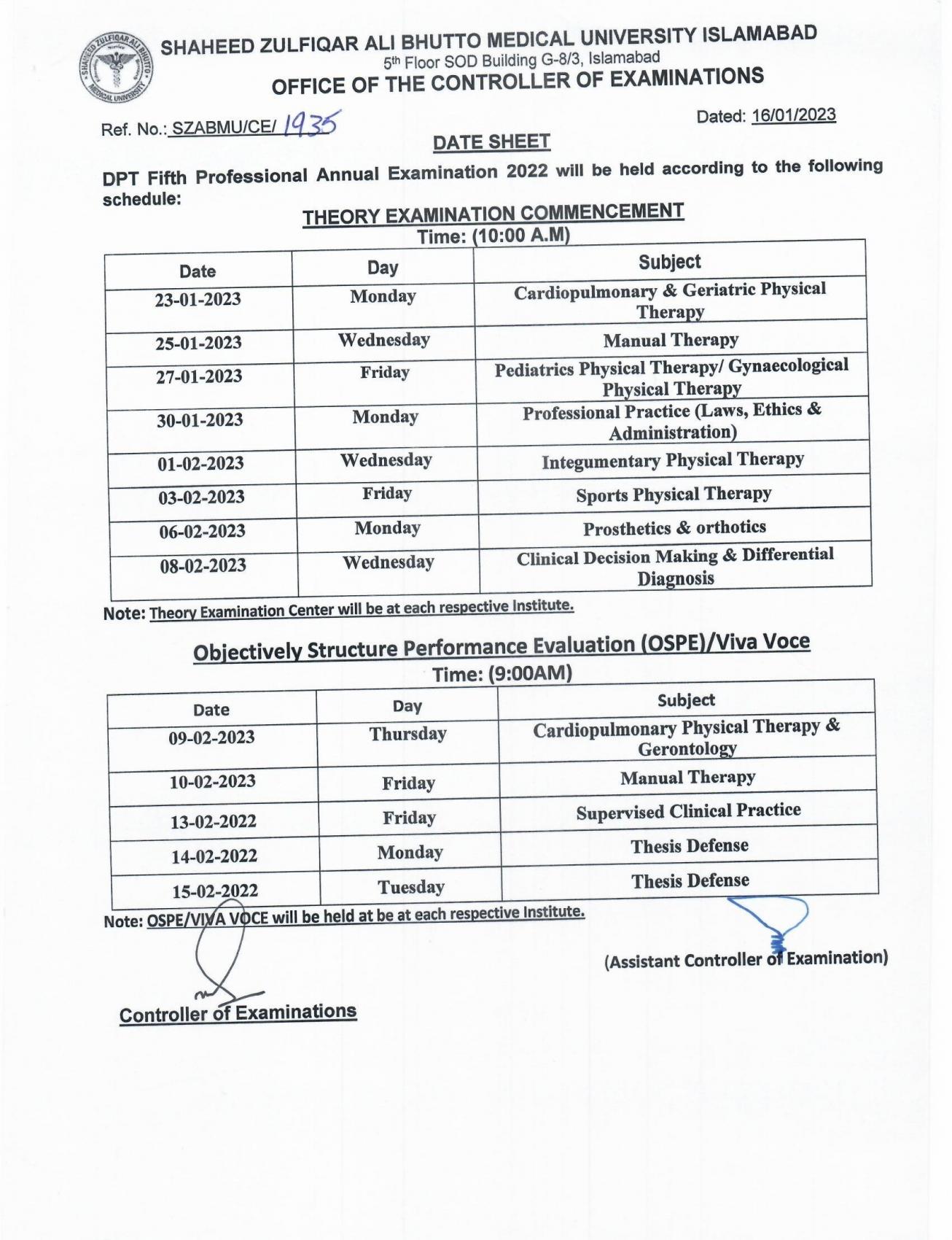 DPT Fifth Professional Annual Examination 2022