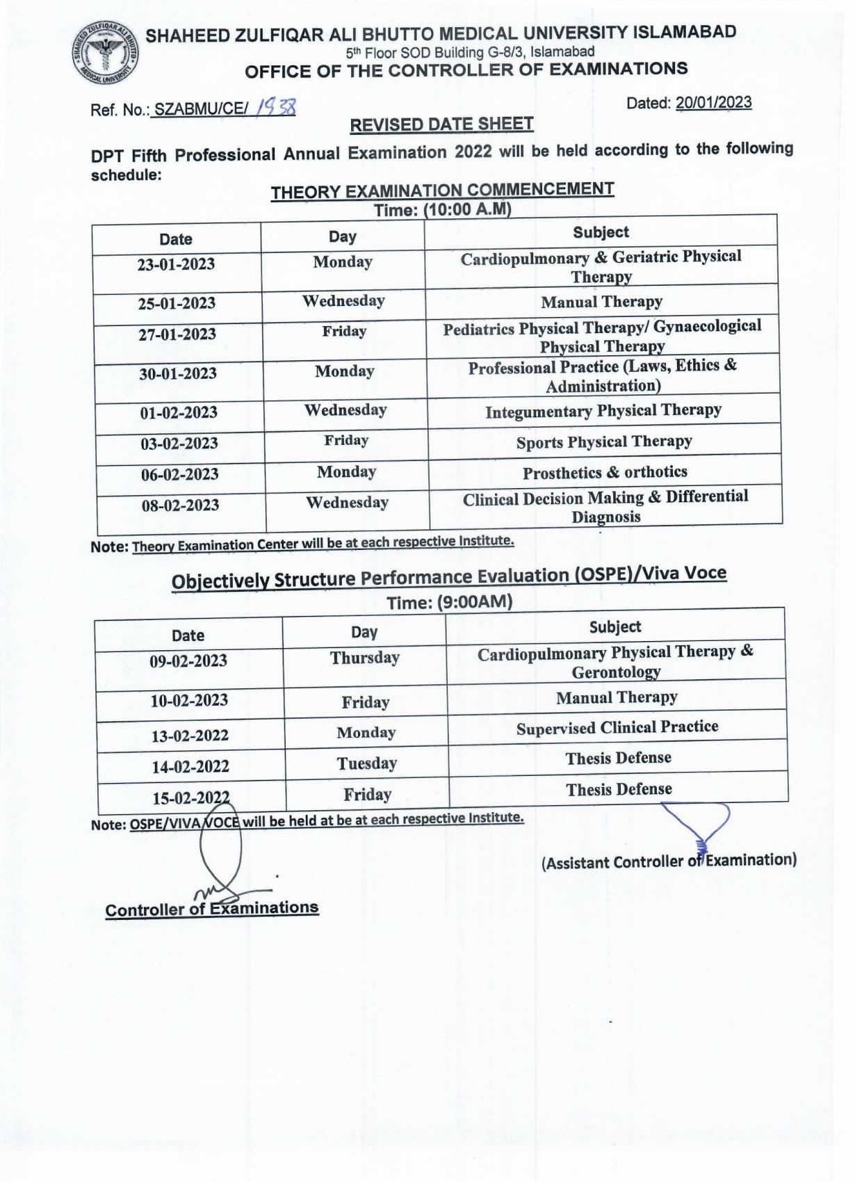 Revised - DPT Fifth Professional Annual Examination 2022