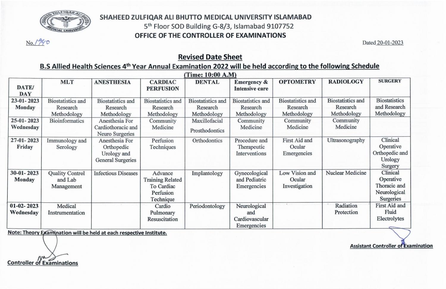 Revised - B.S Allied Health Sciences 4th Year Annual Examination 2022