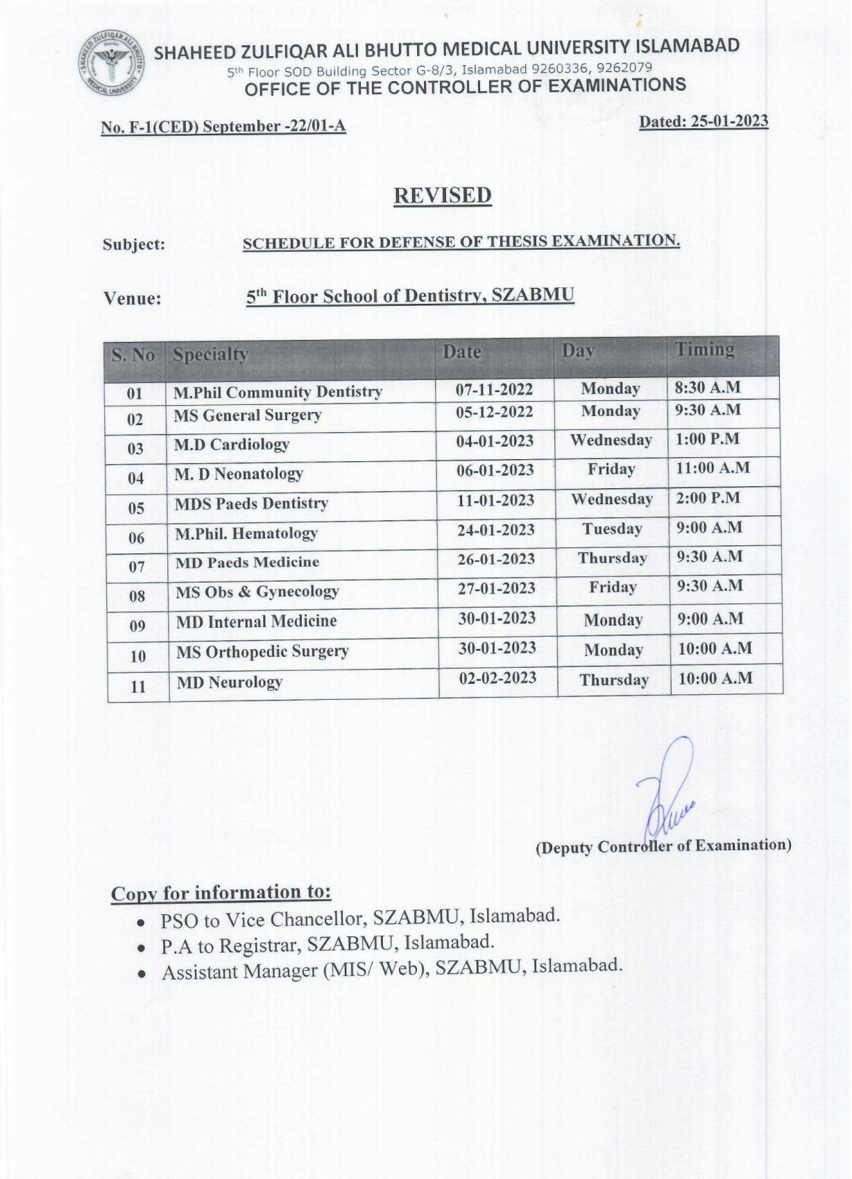 Revised - Schedule for Defense of Thesis Examinations
