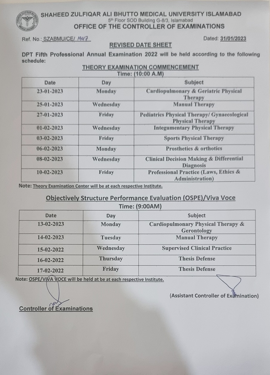 Revised Date Sheet - DPT Fifth Professional Annual Examination 2022