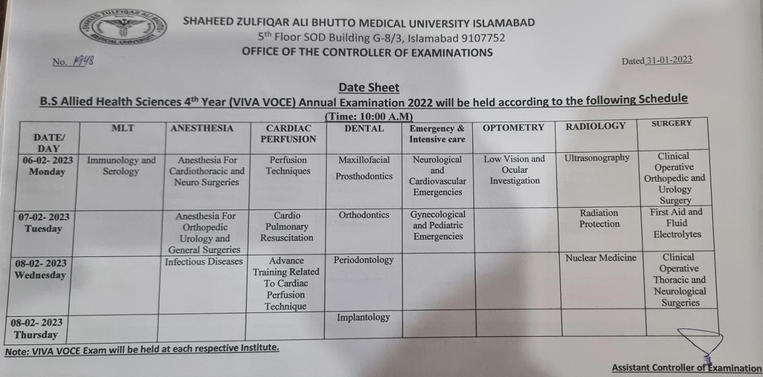 Revised Date Sheet - BS AHS 4th Year (VIVA VOCE) Annual Examination 2022