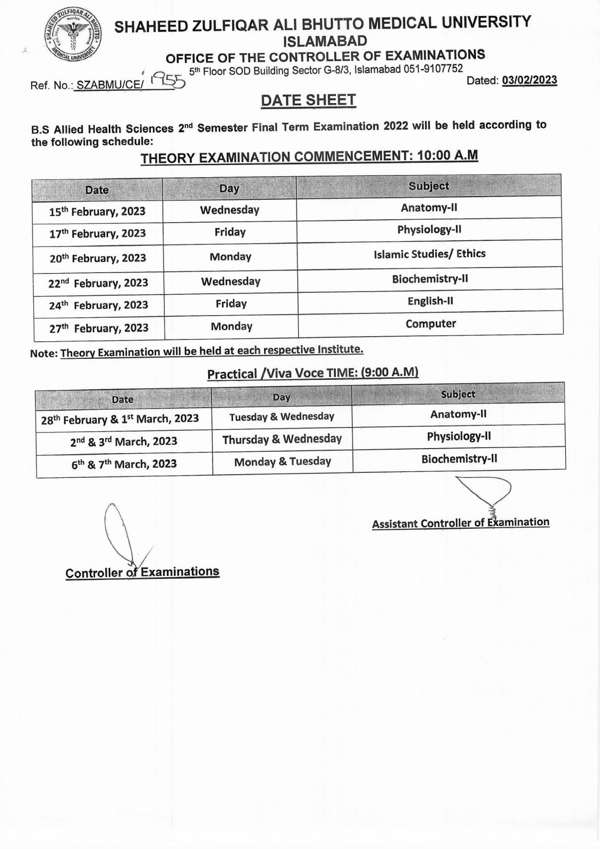 Date Sheet - BS AHS Final Term Examination 2022