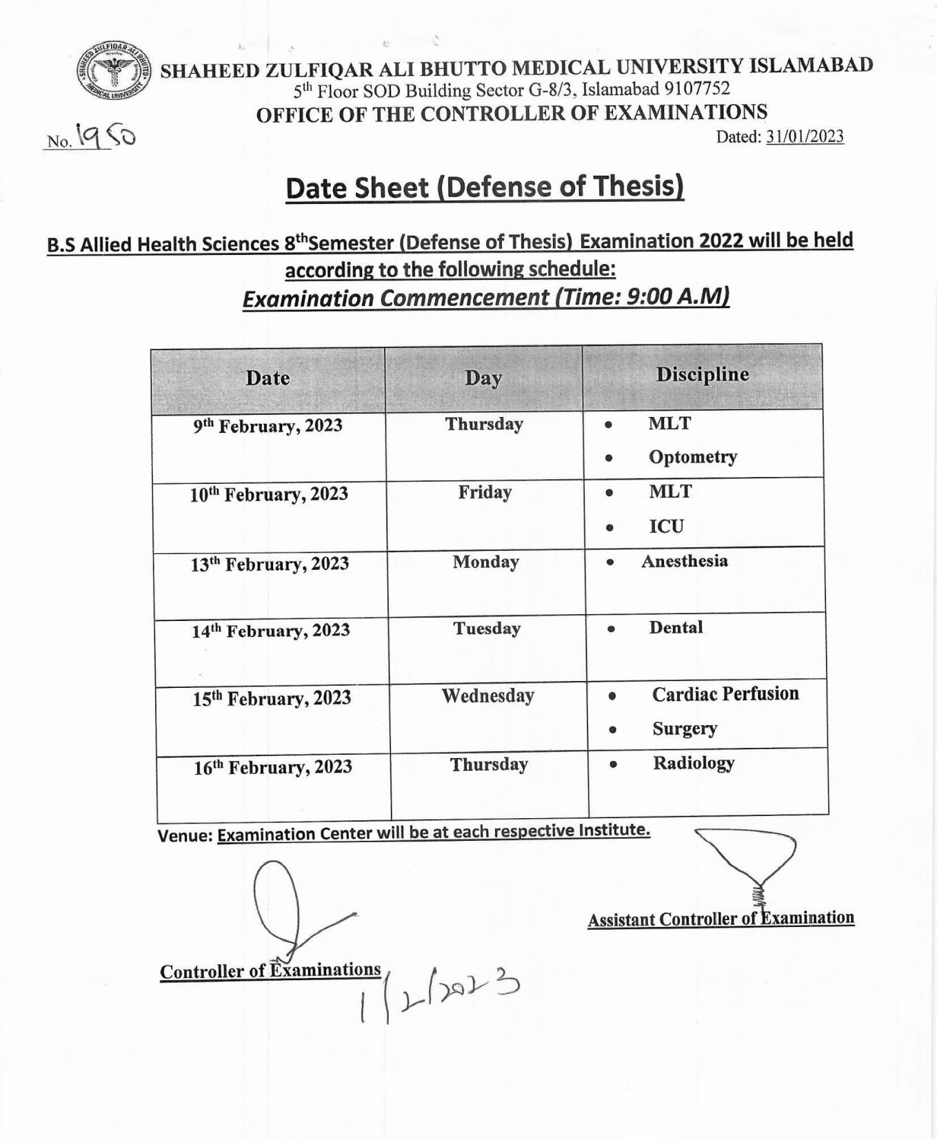 Date Sheet - BS AHS 8th Semester Defense of Thesis Examination 2022