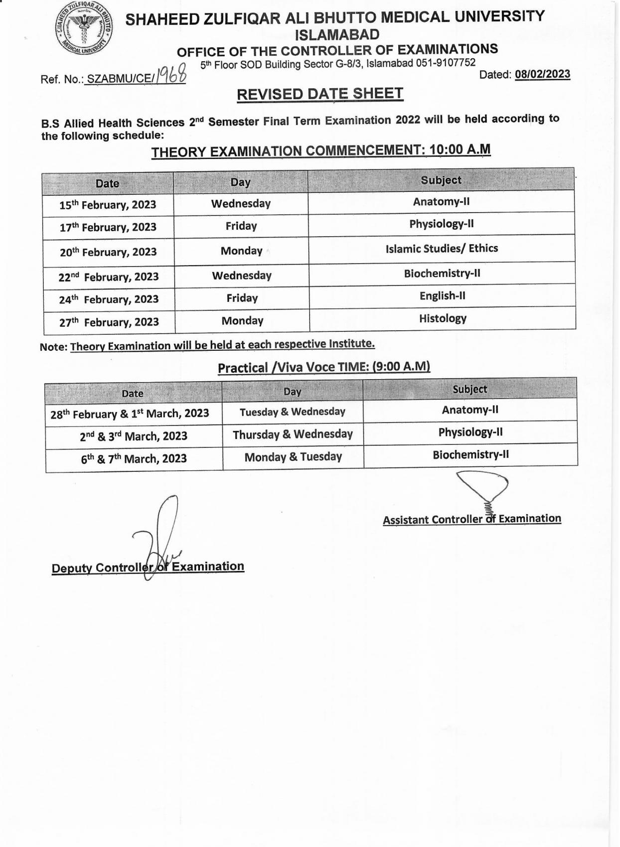 Revised Date Sheet - BS AHS Final Term Examination 2022