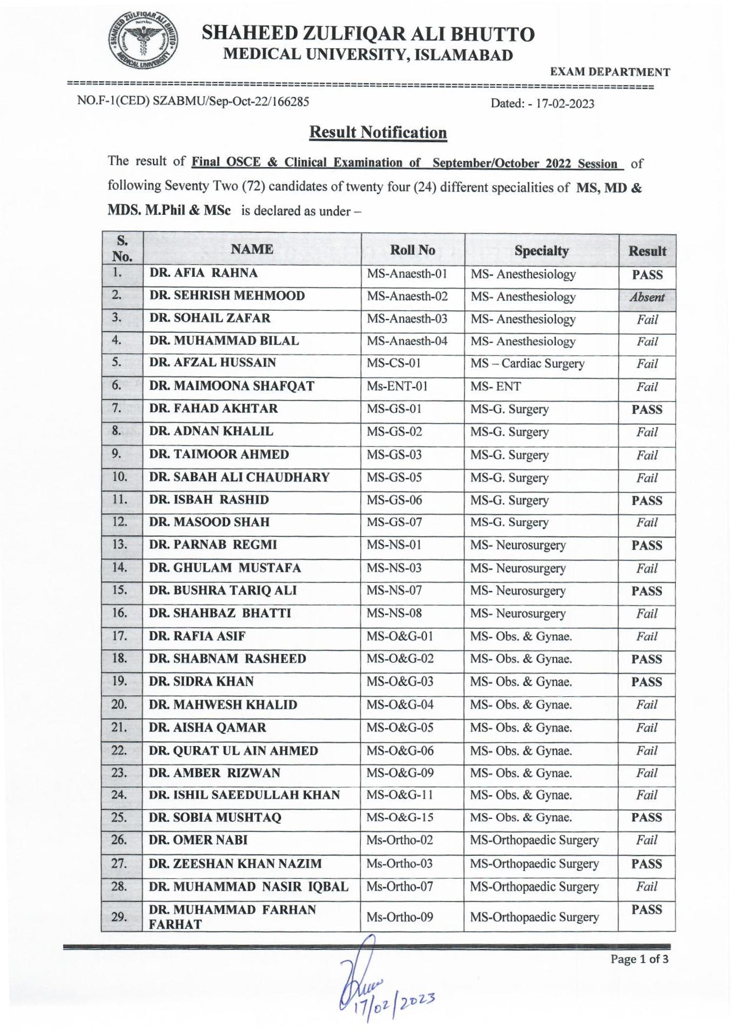 Result Notification MS, MD, MDS, M.Phil and MSc Final OSCE and