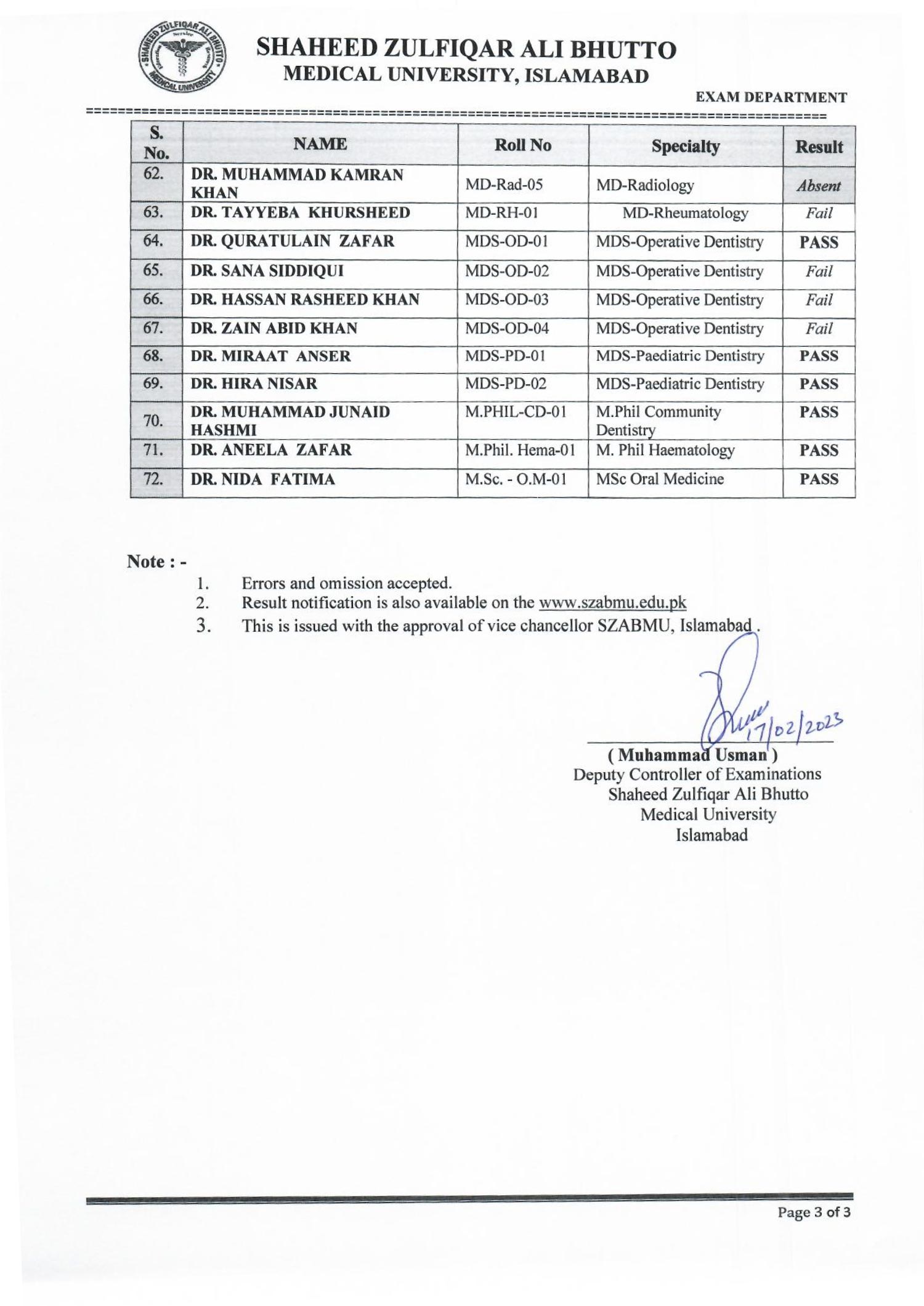 Result Notification MS, MD, MDS, M.Phil and MSc Final OSCE and