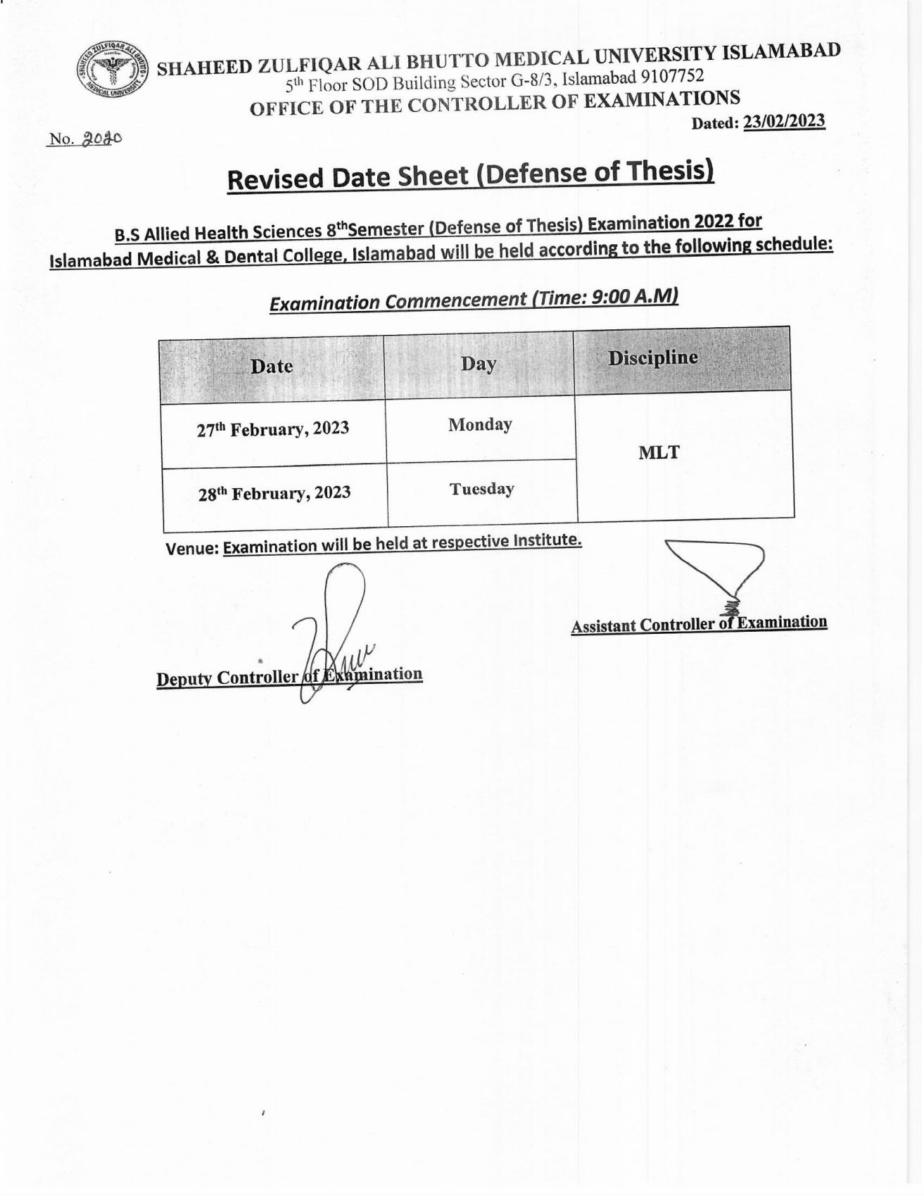 Revised Date Sheet - BS AHS 8th Semester Defense of Thesis Examination 2022