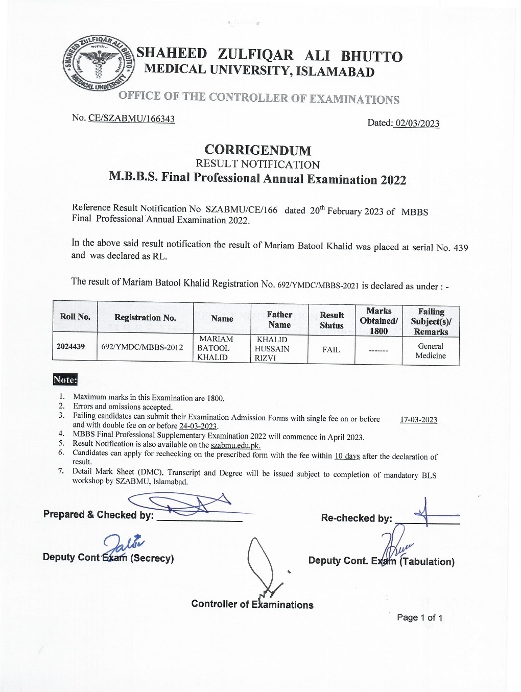 Corrigendum Result Notification - MBBS Final Professional Annual Examination 2022