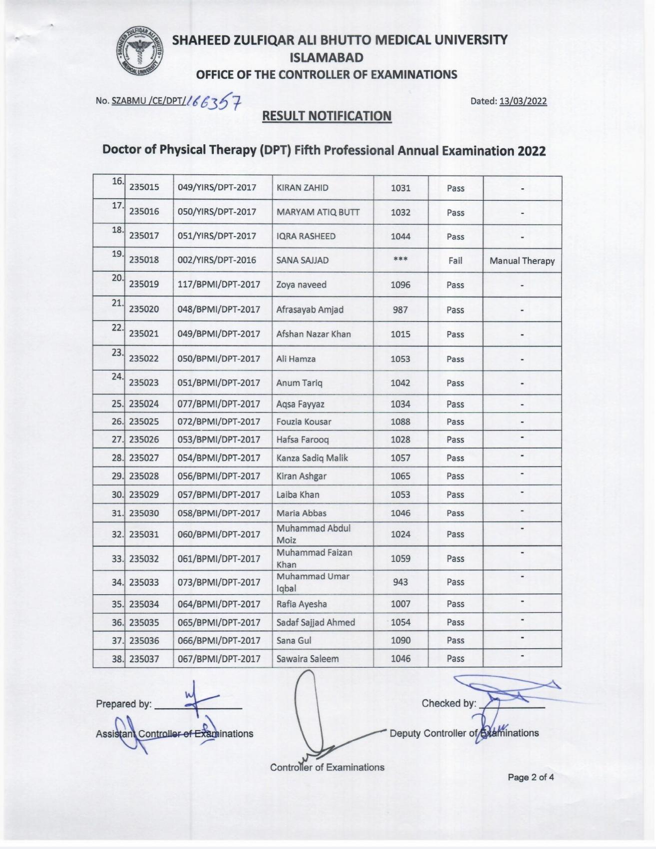 Result Notification - DPT Fifth Professional Annual Examination 2022