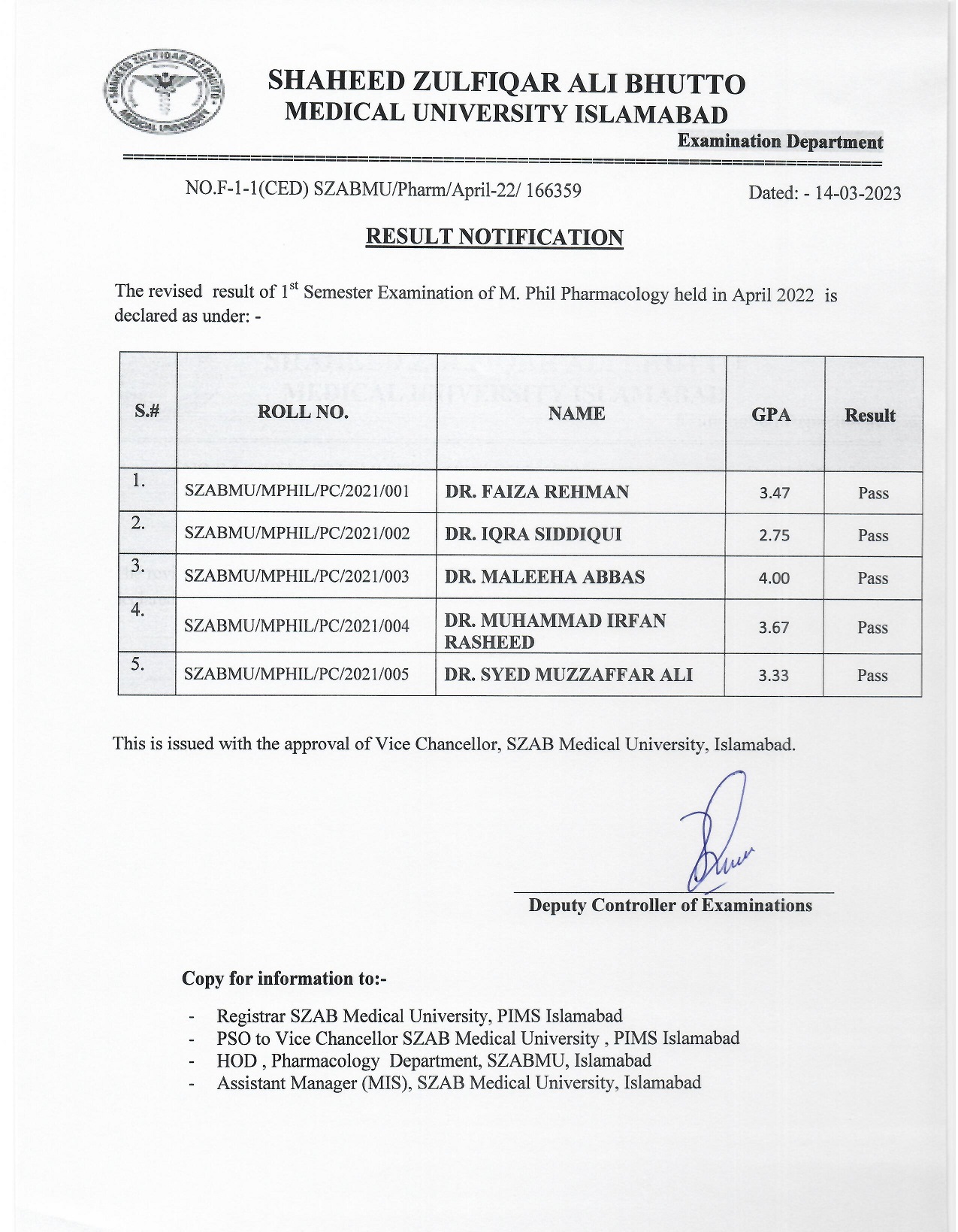 Revised Result Notification - 1st Semester M.Phil. Pharmacology held in April 2022