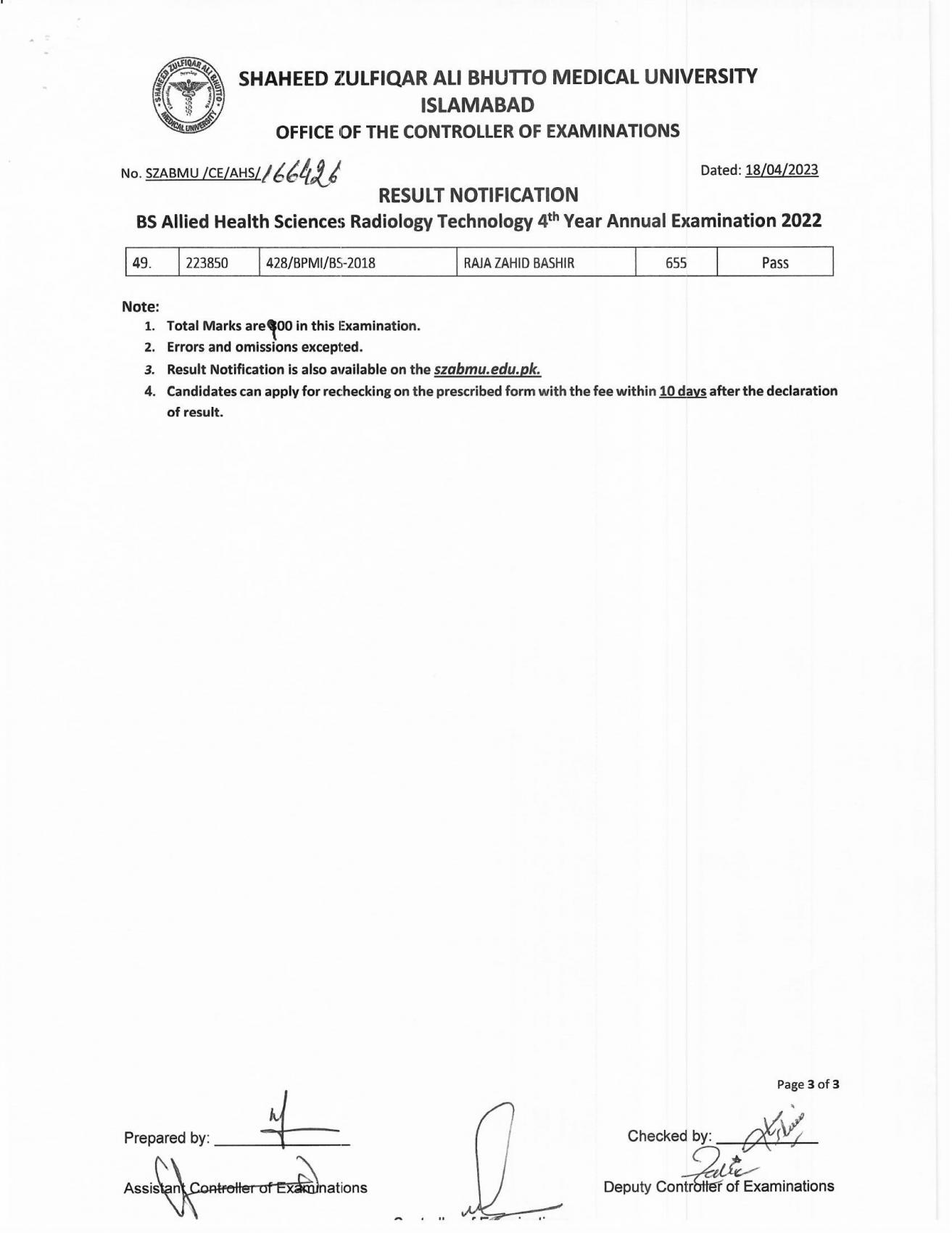 Result Notification All BS Allied Health Sciences 4th Year Annual