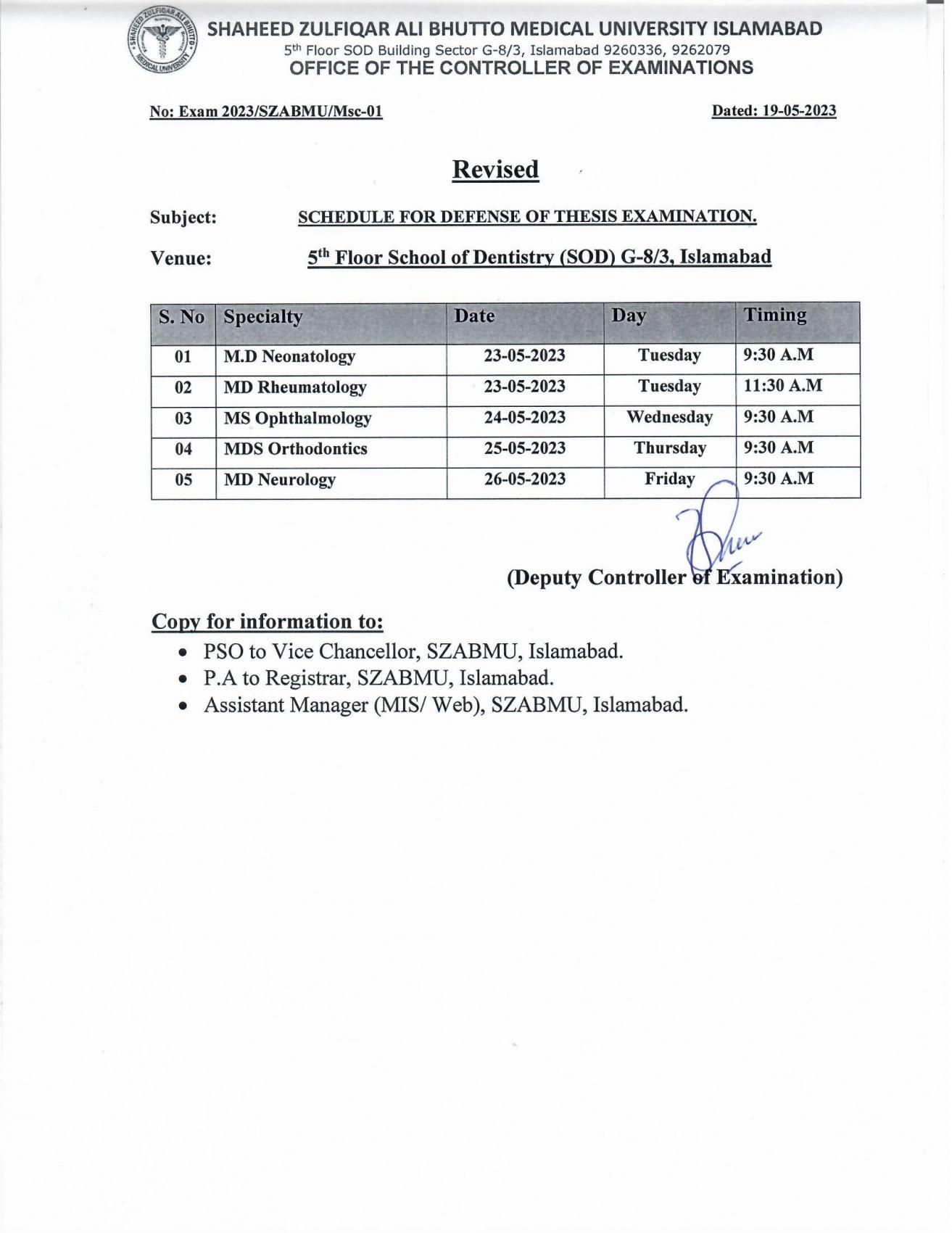 Revised Schedule for Defense of Thesis Examinations