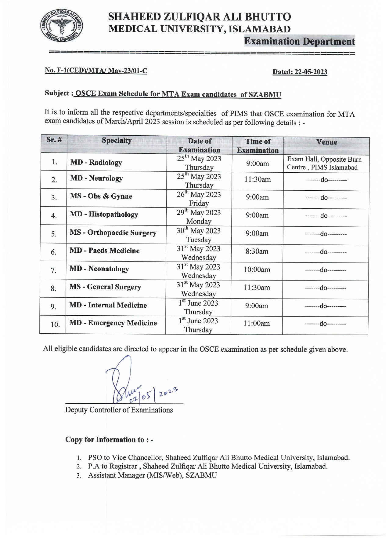 Schedule of OSCE Examination for MTA Candidates of MS,MD,MDS March/April Session 2023