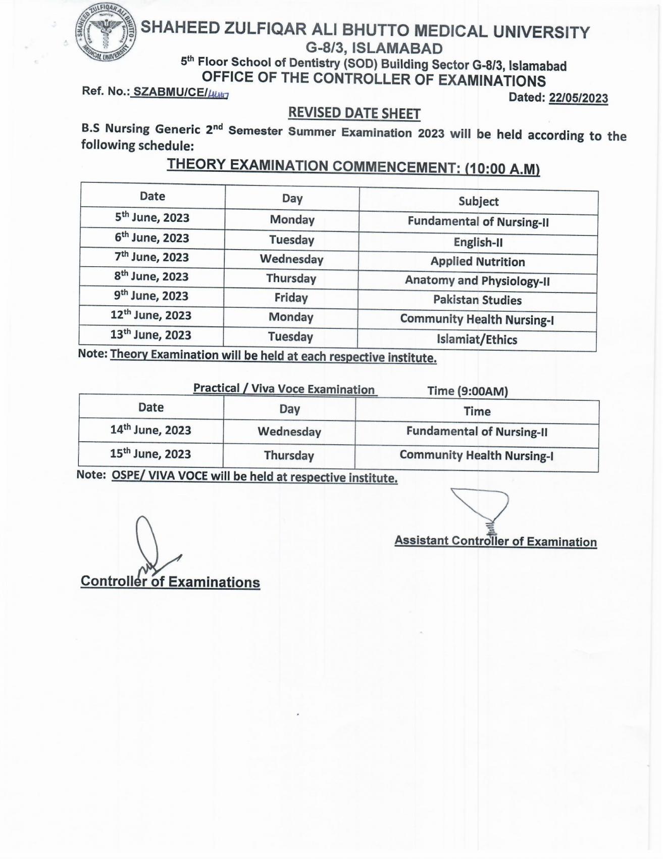 Revised Date Sheet - BS Nursing 2nd and 4th Semester Summer Examination 2023