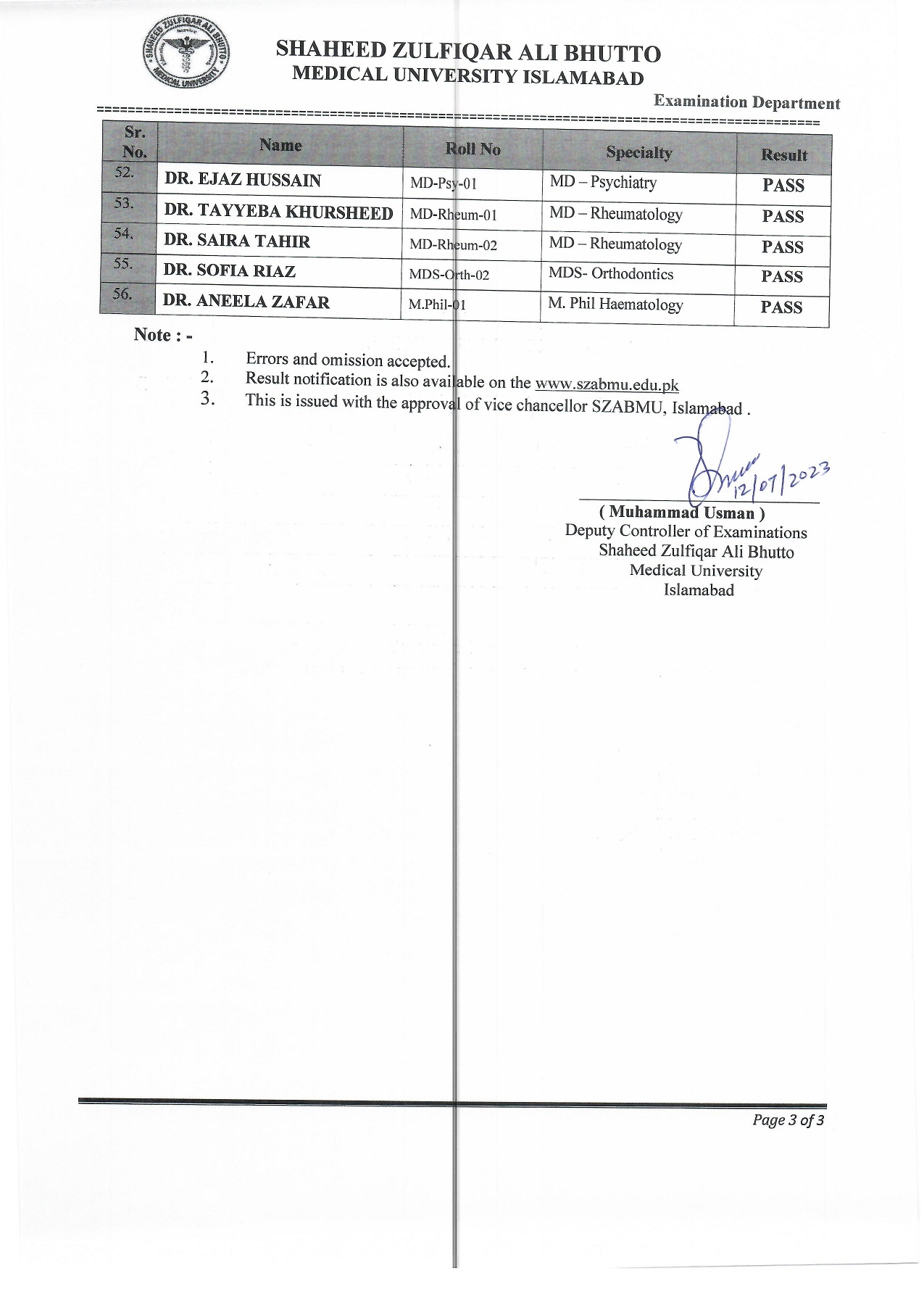 Result Notification of Defence of Thesis Examination of MS, MD,MDS & M.Phil March/April 2023 Session