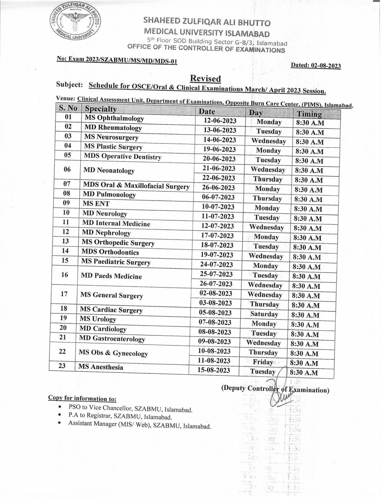 Revised - Schedule for OSCE/Oral & Clinical Examination March/April Session 2023