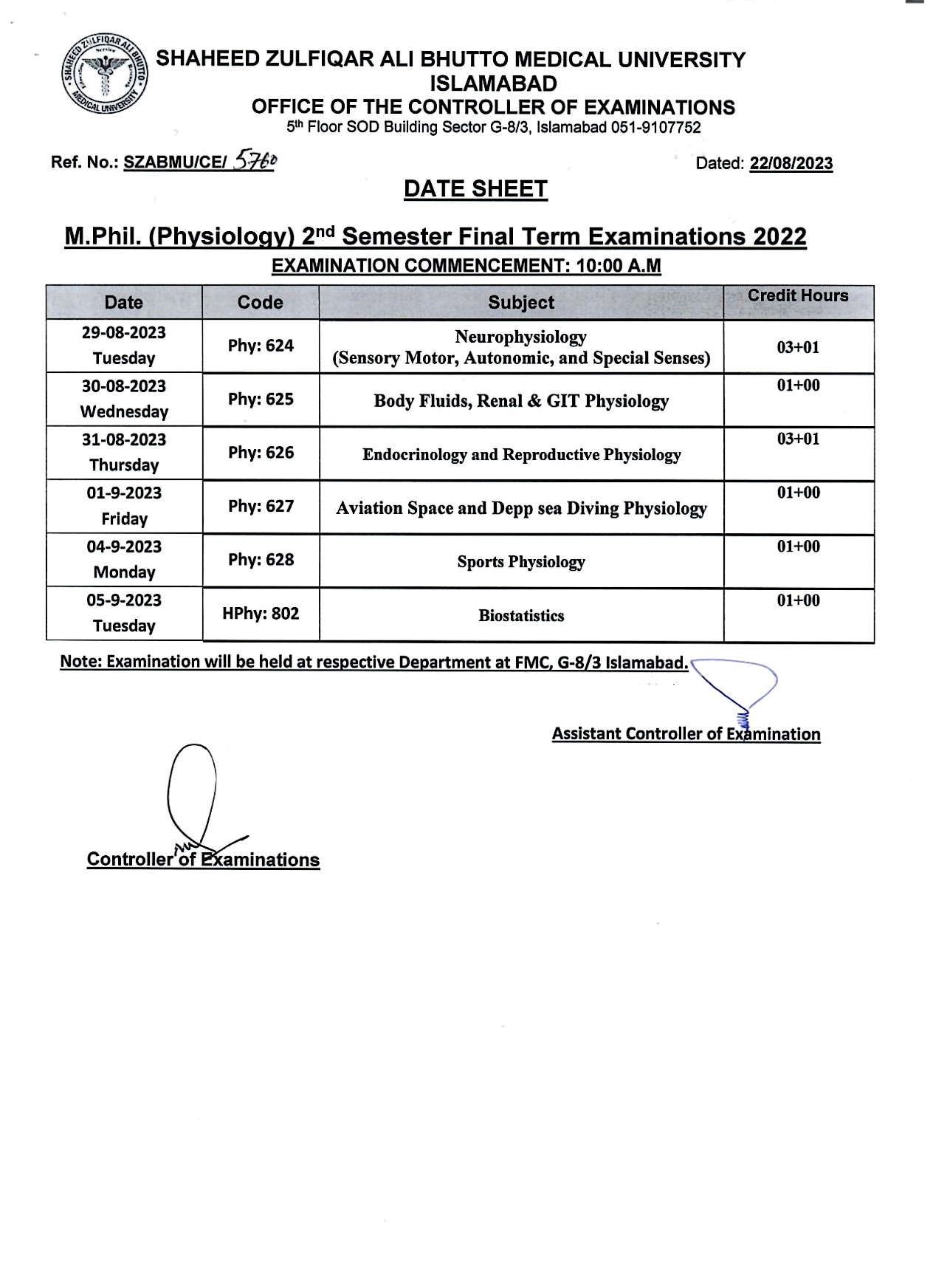 Date Sheet - M.Phil. (Physiology) 2nd Semester Final Term Examinations 2022