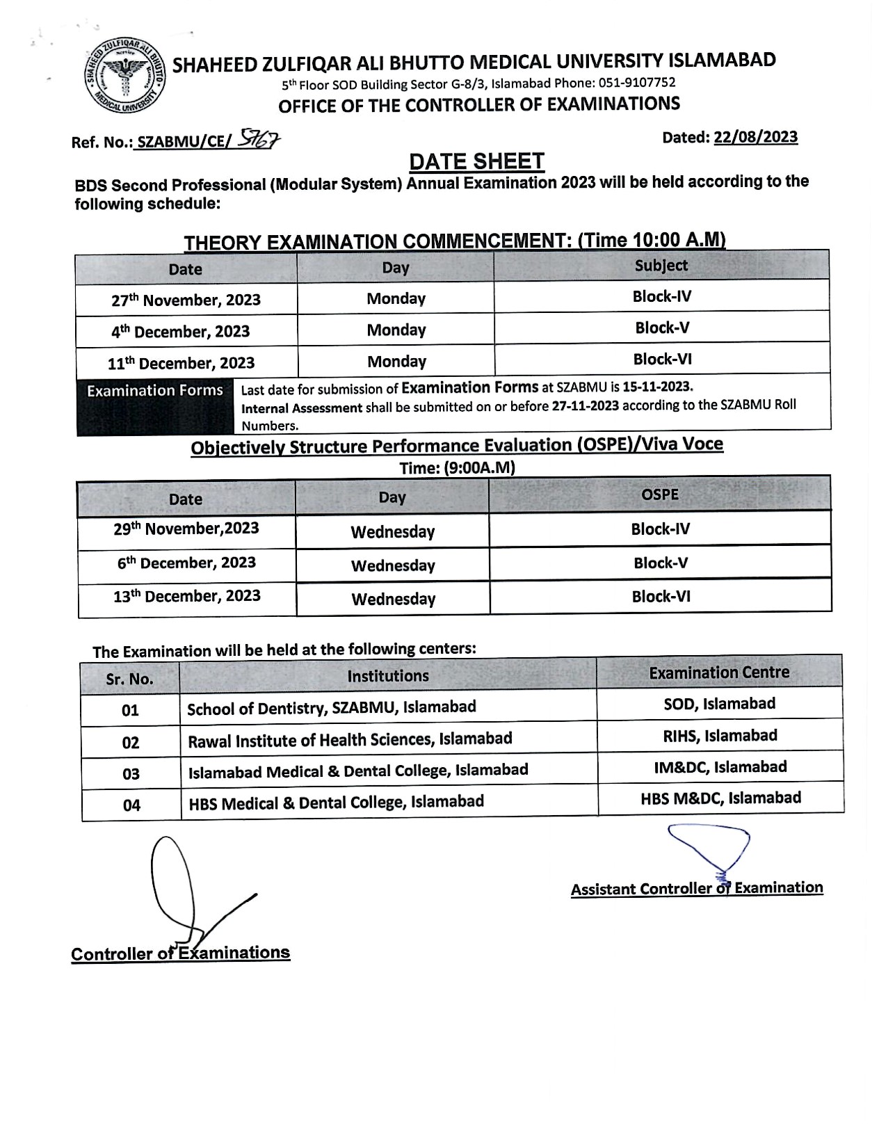 Date Sheet - BDS All Professionals Annual Examinations 2023