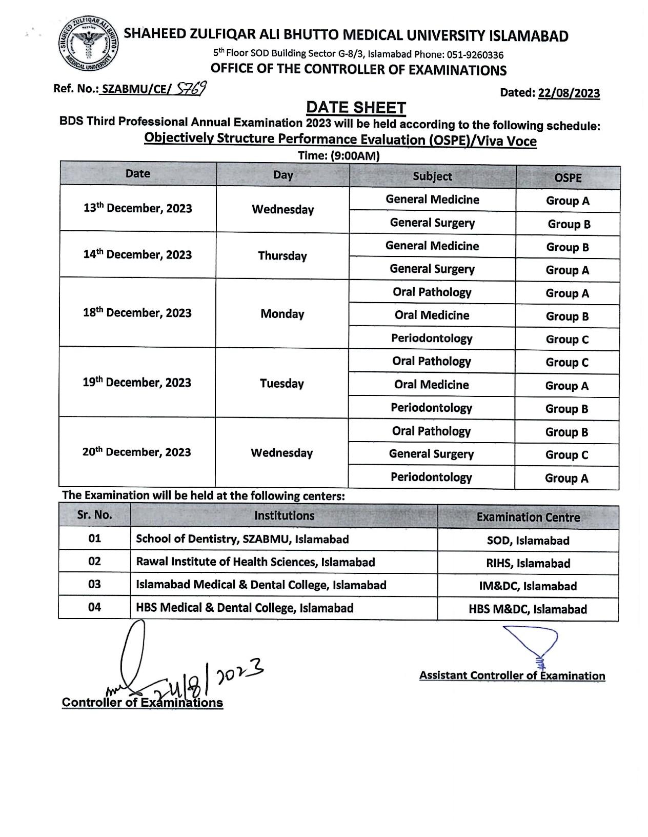 Date Sheet - BDS All Professionals Annual Examinations 2023