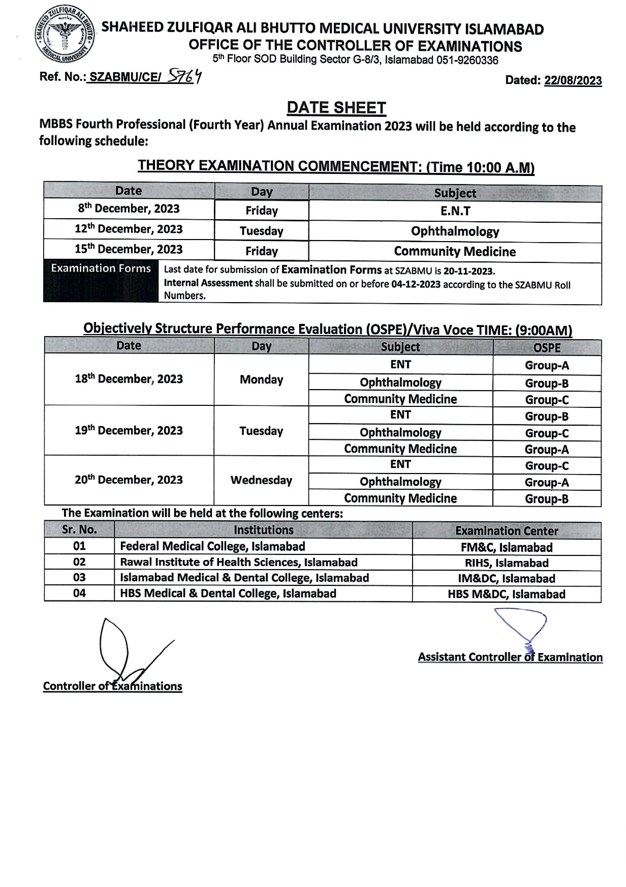 Date Sheet - MBBS All Professionals Annual Examinations 2023