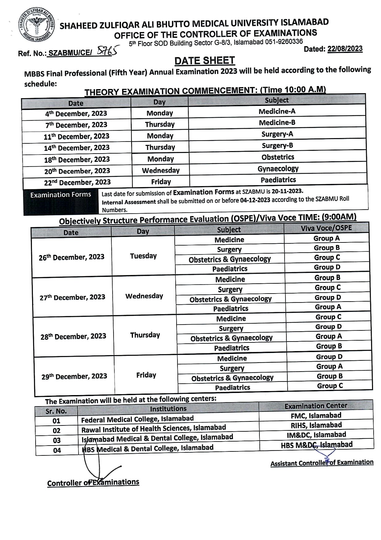 Date Sheet - MBBS All Professionals Annual Examinations 2023