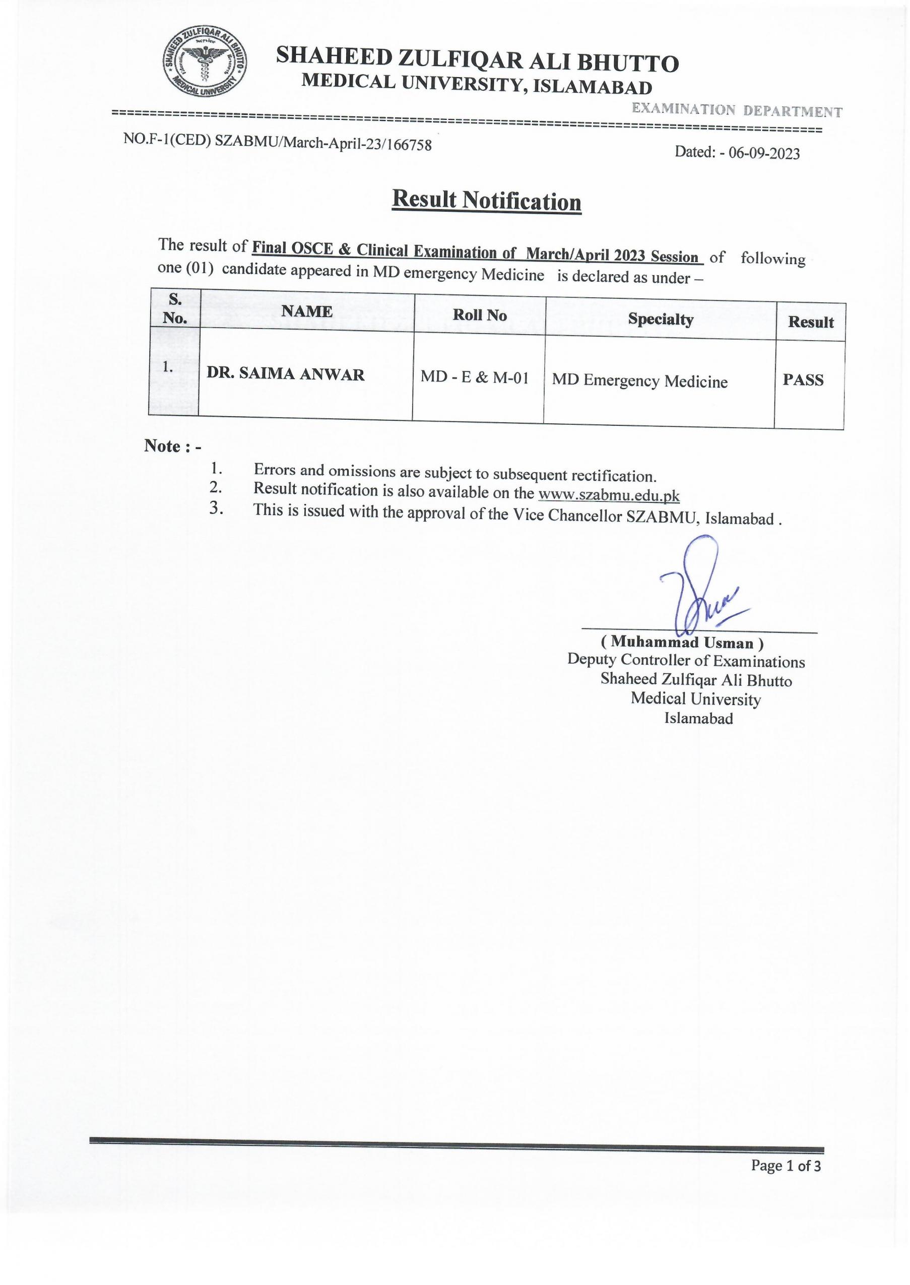 Result notification OSCE Clinical Examination March/April 2023 session