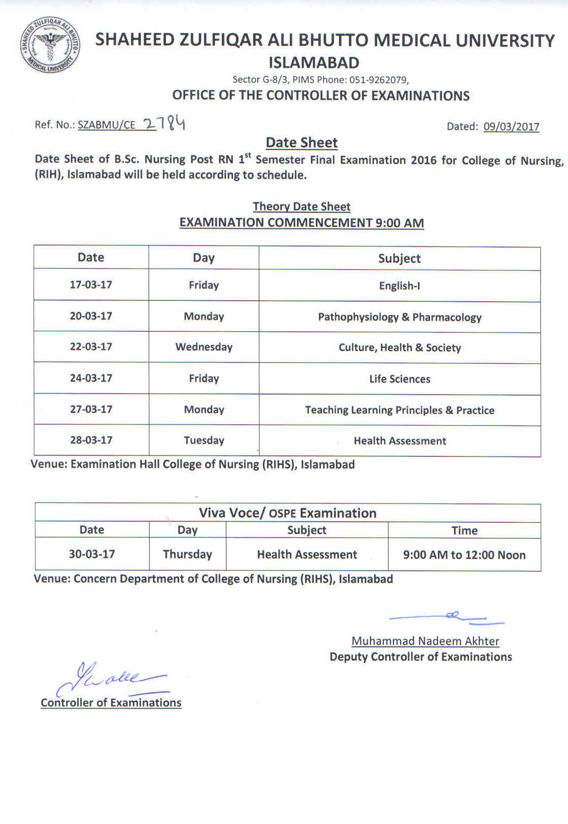 Date Sheet - B.Sc. Nursing Post RN 1st Semester Final Exams 2016 ...