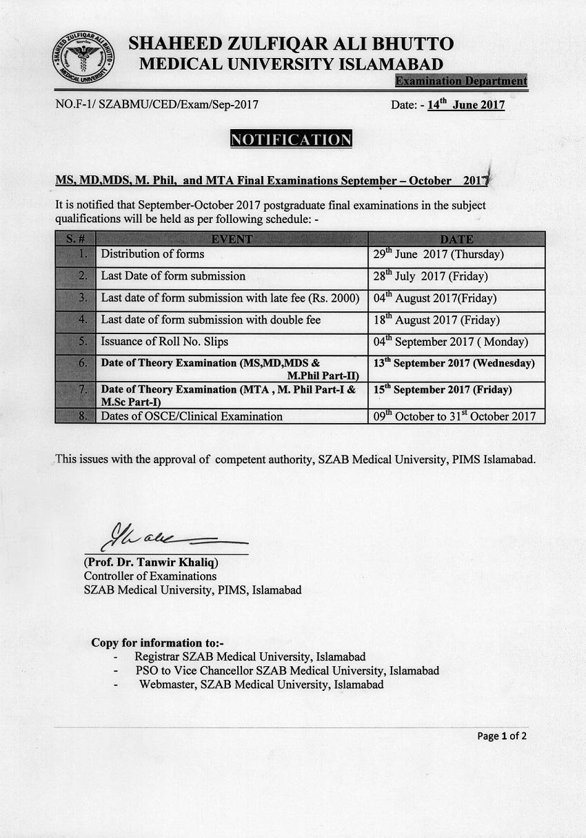 Notification for MS, MD, MDS, M.Phil & MTA Final Exams September