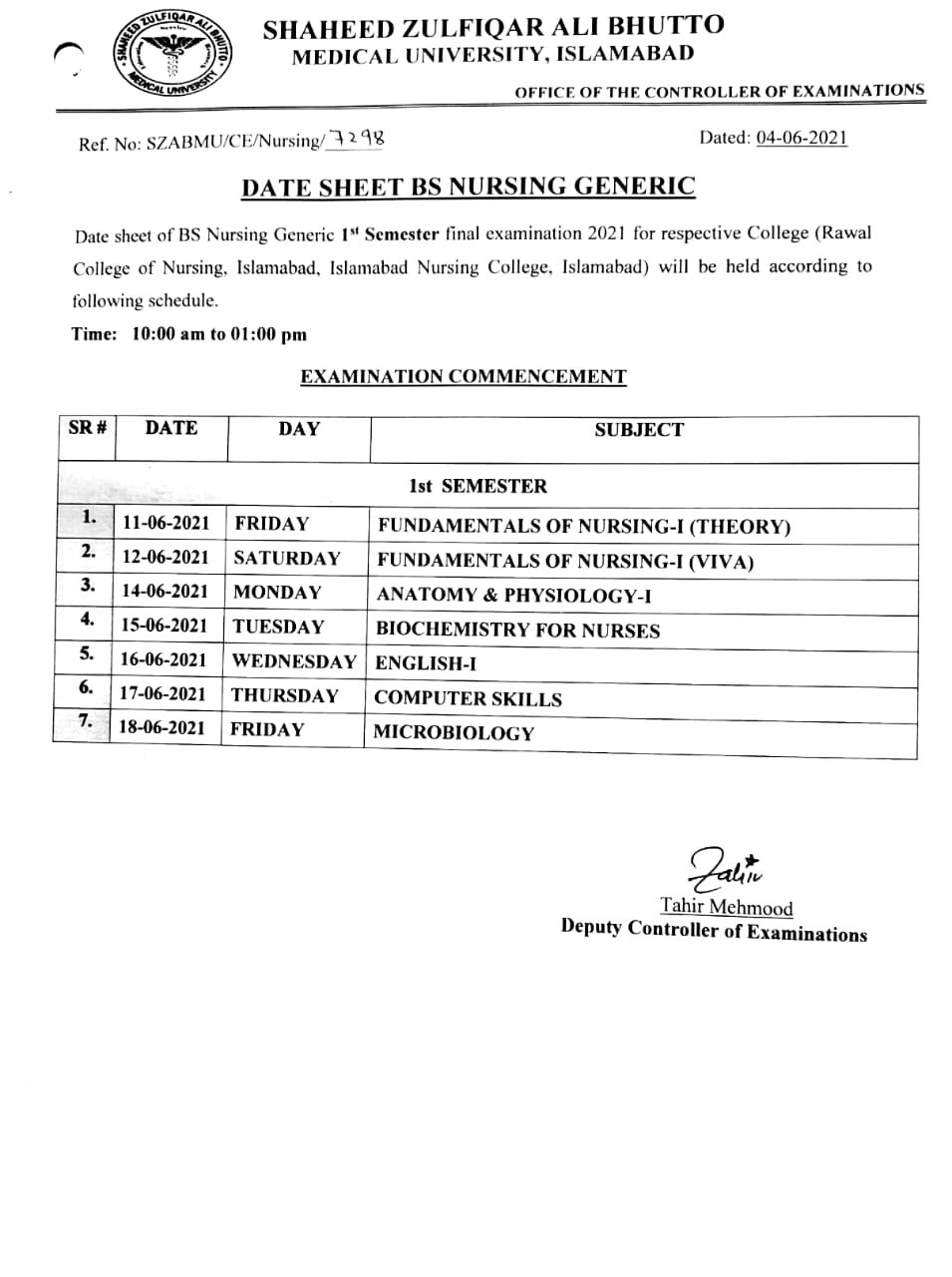Date Sheet - BS Nursing Generic | Shaheed Zulfiqar Ali Bhutto Medical ...