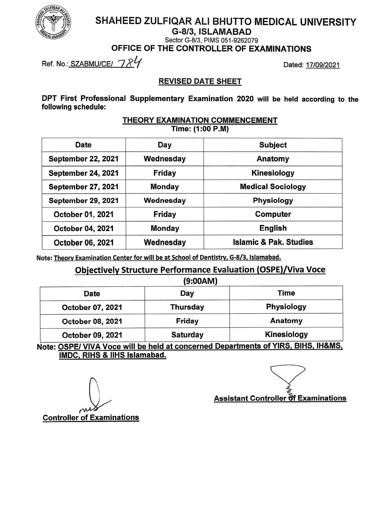 Revised Date Sheet DPT First Professional Supplementary Examination