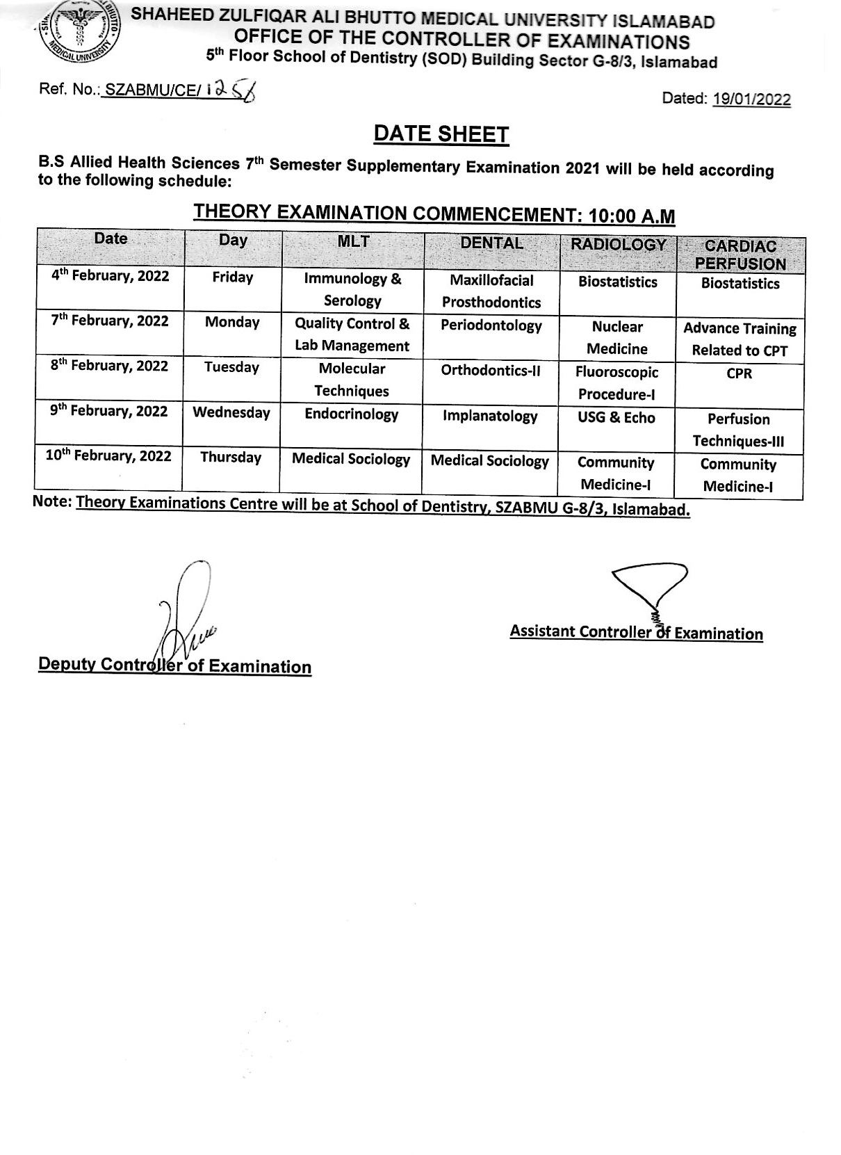 Date sheet BS AHS 7th Semester Supplementary Examination 2021