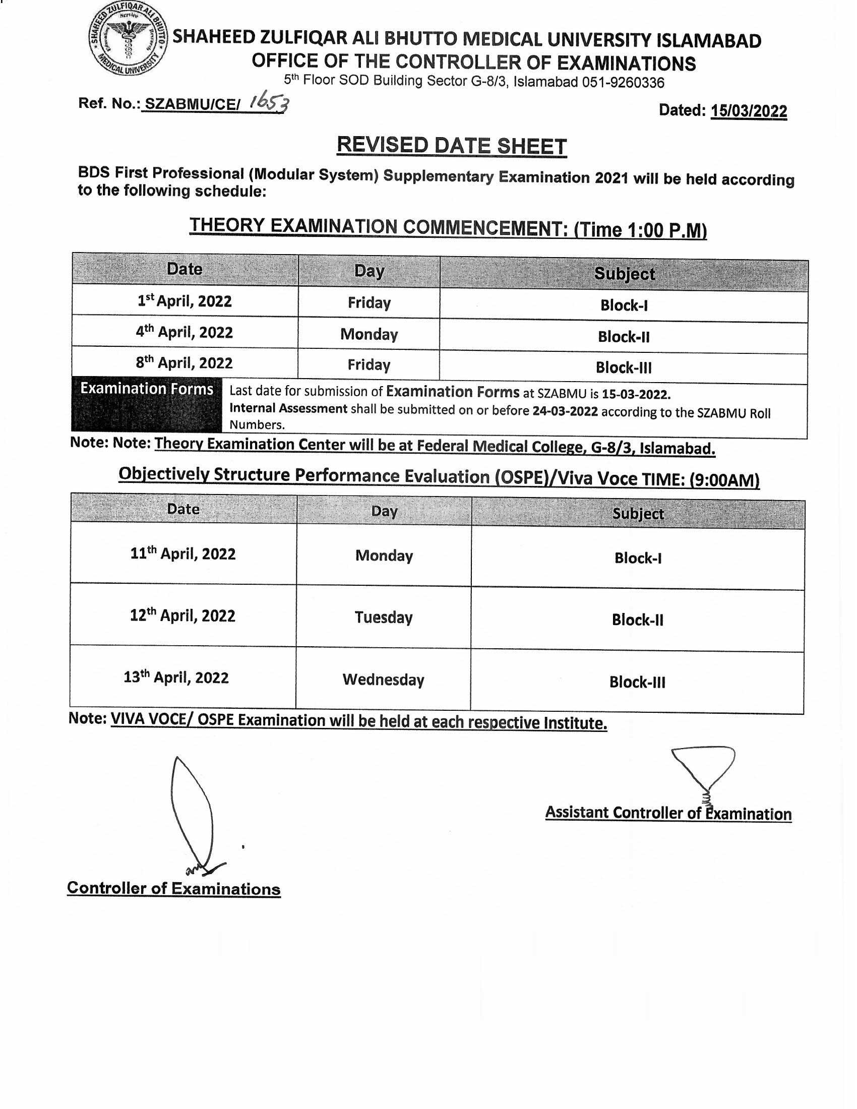 Revised Date Sheet BDS Professional Supplementary Examinations 2021