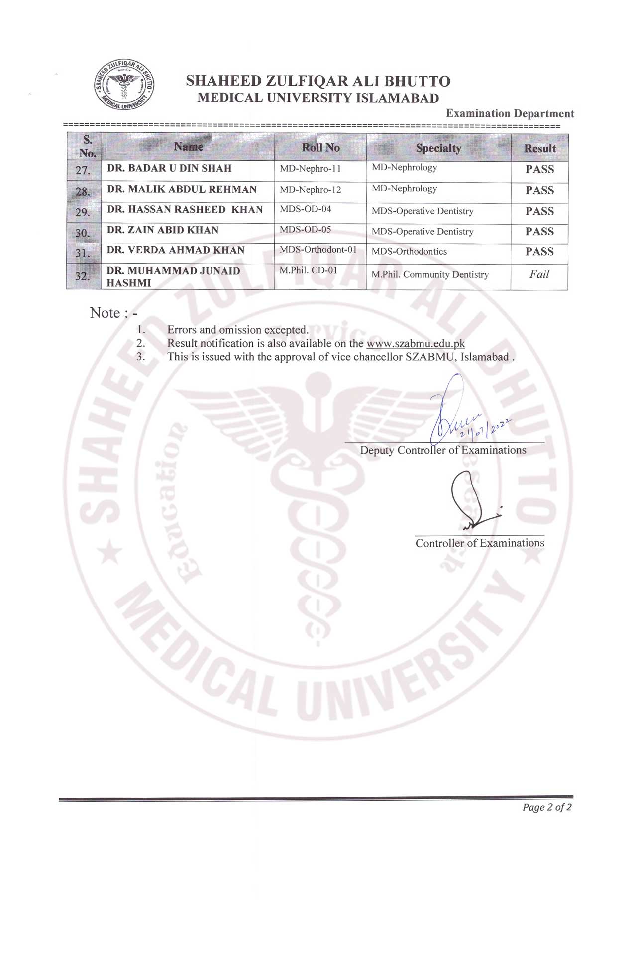 Result Notification of Defence of Thesis Examination of MS, MD , MDS