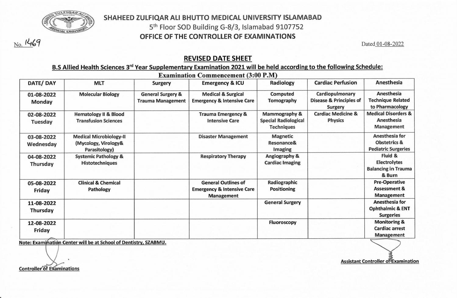 Revised Date Sheet BS AHS 3rd Year Supplementary Examination 2021