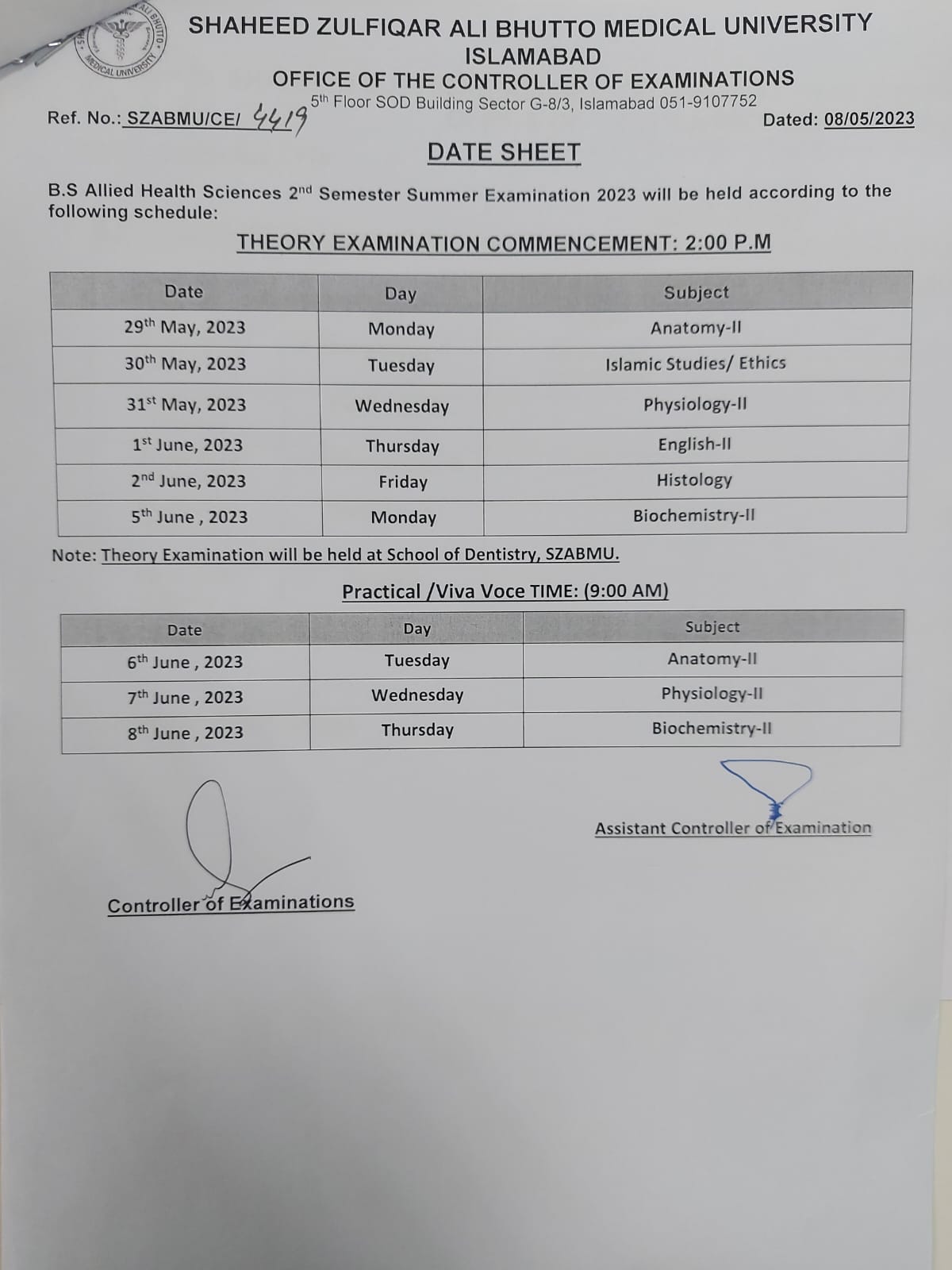 Date Sheet - BS AHS Summer Examination 2023 | Shaheed Zulfiqar Ali ...