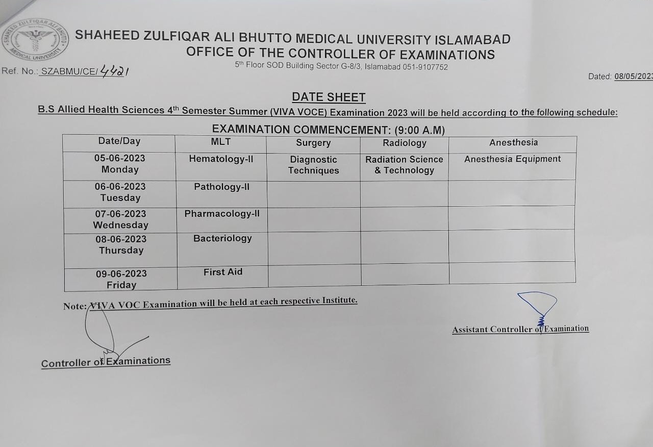 Date Sheet - BS AHS Summer Examination 2023 | Shaheed Zulfiqar Ali ...