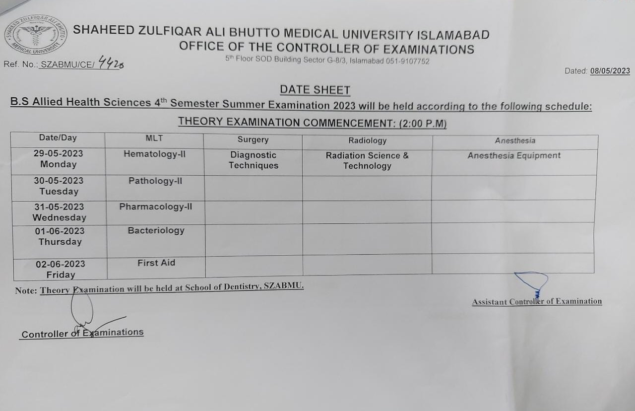 Date Sheet - BS AHS Summer Examination 2023 | Shaheed Zulfiqar Ali ...