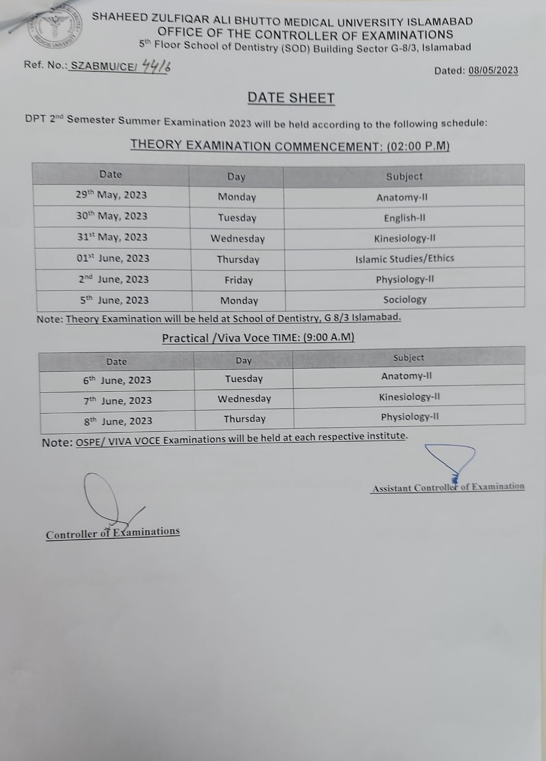 Date Sheet - DPT Summer Examination 2023 | Shaheed Zulfiqar Ali Bhutto ...