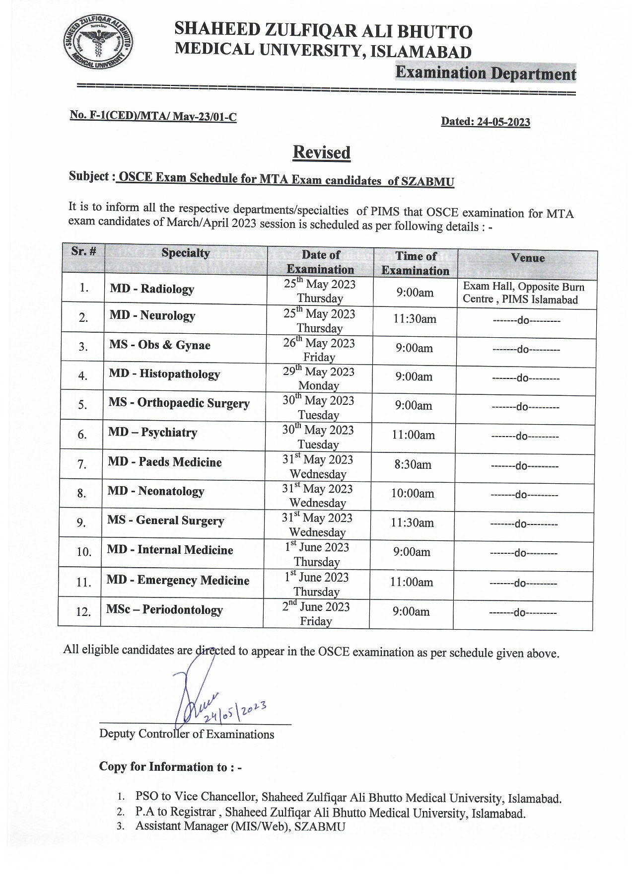 Revised Schedule of OSCE Examination for MTA Candidates of MS,MD,MDS