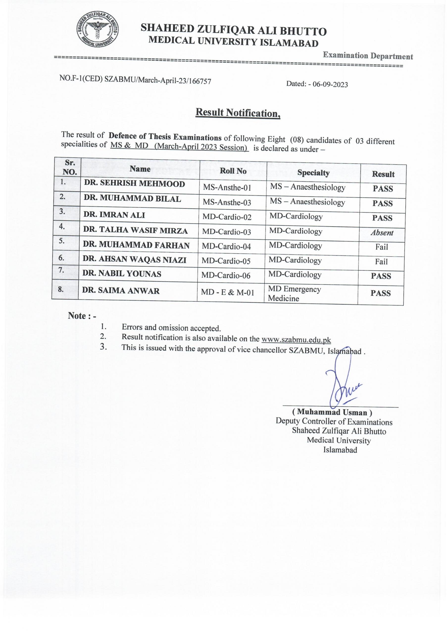 Result Notification Defence of thesis examination, March/April 2023 session